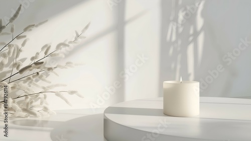 White Candle Mockup on White Platform With Sunlight and Dried Flowers
