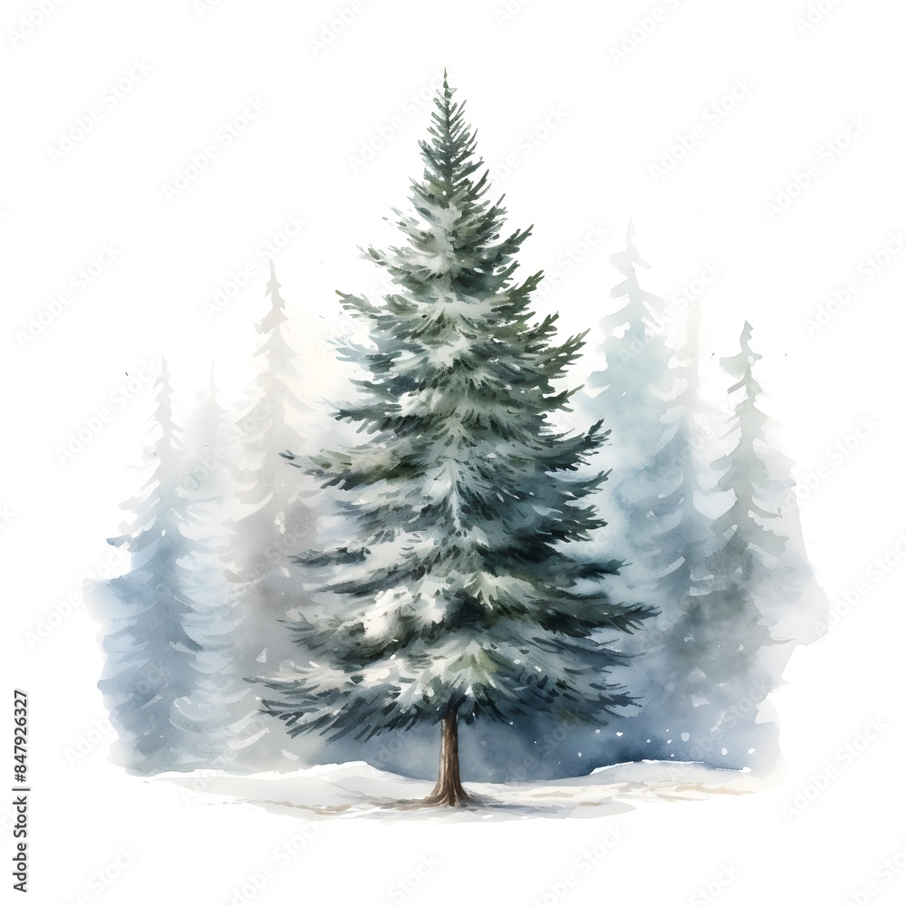 Obraz premium Snowy Spruce Tree Watercolor in Wintery Cool Tones on White Background