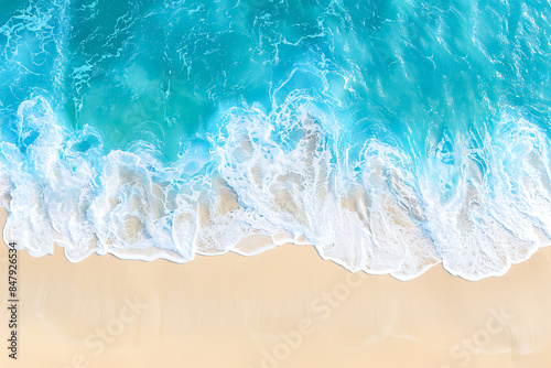 Aerial View of Turquoise Ocean Waves Crashing onto Sandy Beach Shoreline - Serene Coastal Landscape with Vibrant Blue Water and White Foam