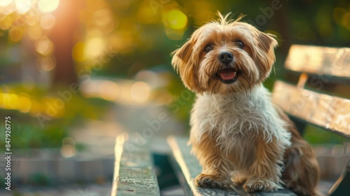 An adorable dog sitting on a park bench, looking up with a friendly expression. © Plaifah