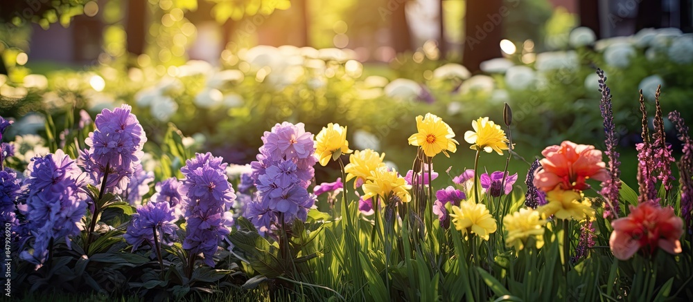 Wild summer colorful flowers yellow and purple among green grasses Bright vegetal summer texture natural floral background. Creative banner. Copyspace image Wild summer colorful flowers yellow and purple among green grasses Bright vegetal summer texture natural floral background. Creative banner. Copyspace image