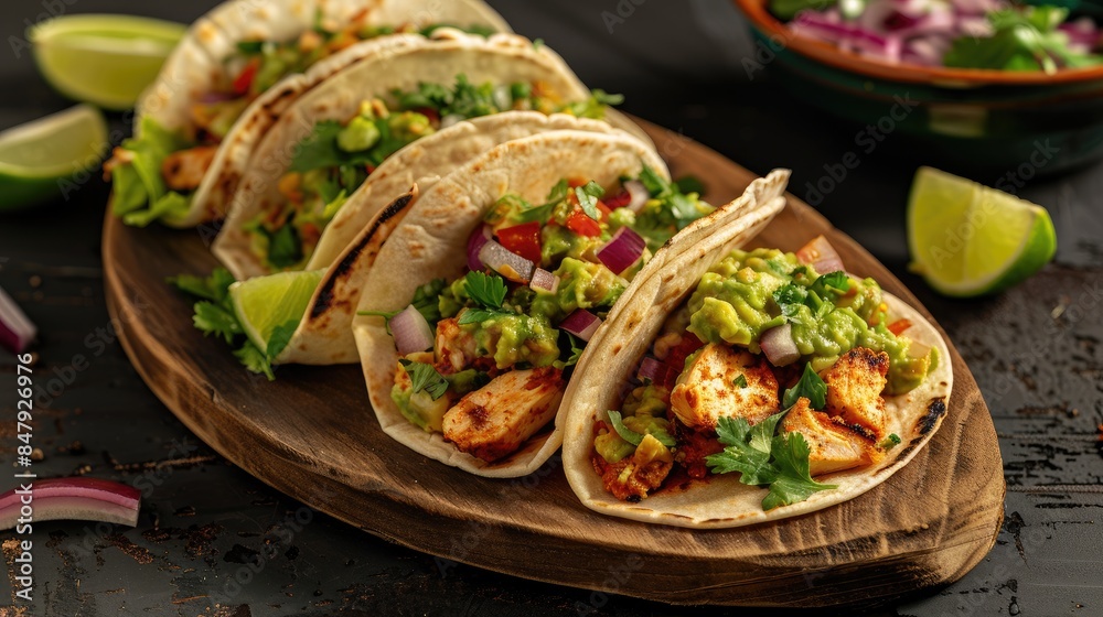 Delicious Mexican tacos with meat, beans and vegetables on a dark background. Close up Delicious Mexican tacos with meat, beans and vegetables on a dark background. Close up
