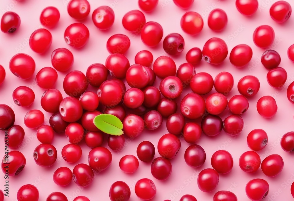 A top view of fresh red cranberries on a light pink background A top view of fresh red cranberries on a light pink background