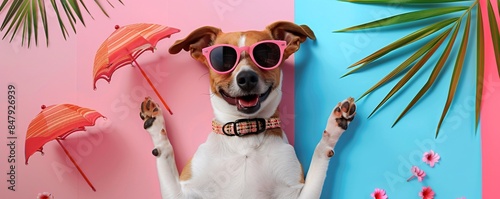 Jack russell terrier wearing sunglasses is enjoying summer vacation with cocktail umbrellas and palm leaves on a pink and blue background
