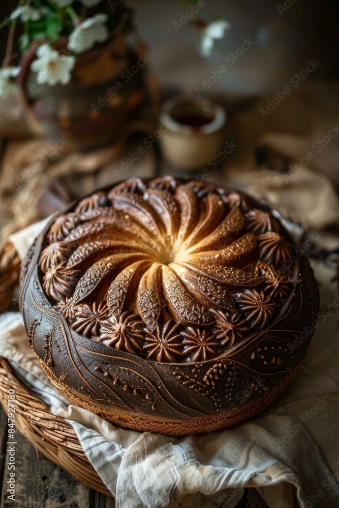 Intricately designed chocolate sourdough bread with an elaborate, decorative crust, placed on a linen cloth Intricately designed chocolate sourdough bread with an elaborate, decorative crust, placed on a linen cloth