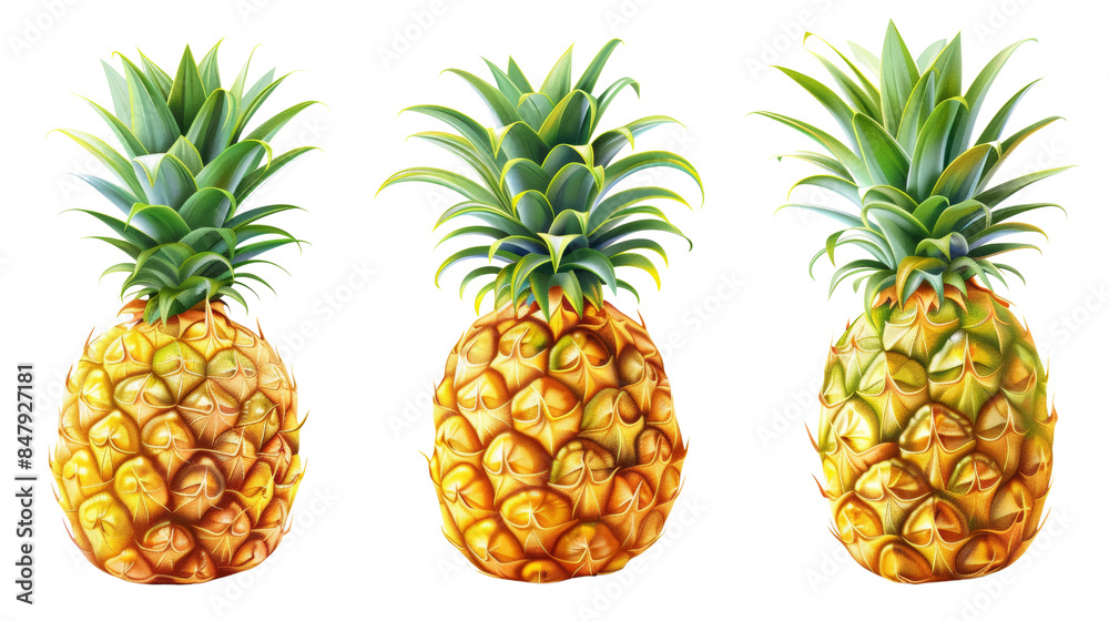 Three ripe pineapples with green tops and golden skin, isolated on a white background. Three ripe pineapples with green tops and golden skin, isolated on a white background.