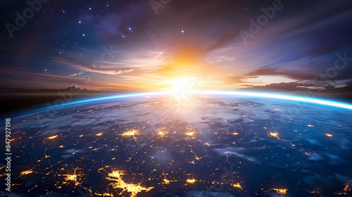 Panoramic view on planet Earth globe from space. Glowing city lights, light clouds.