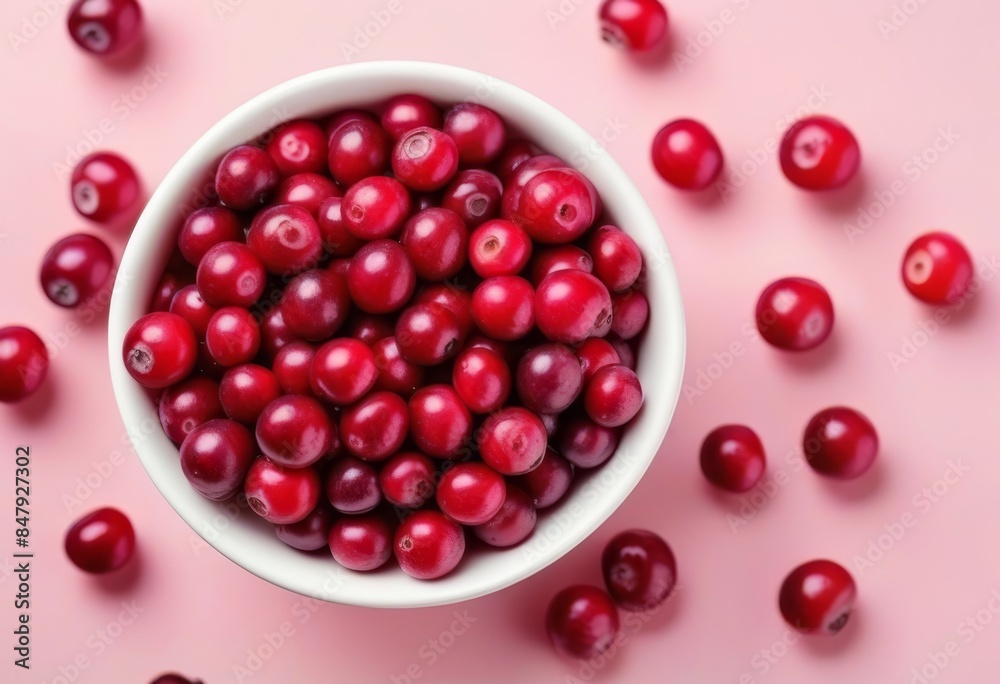 A bowl of fresh red cranberries on a light pink background