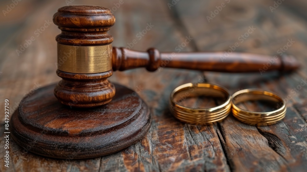 Wooden judge gavel resting on sound block with two gold wedding bands on rustic desk Wooden judge gavel resting on sound block with two gold wedding bands on rustic desk