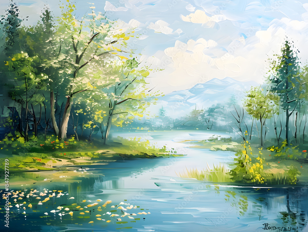 landscape with river and trees in Oil color painting. Generative AI.
