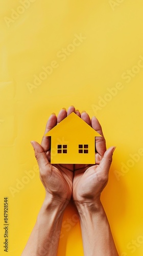 Person holding small yellow model house in hands on yellow background