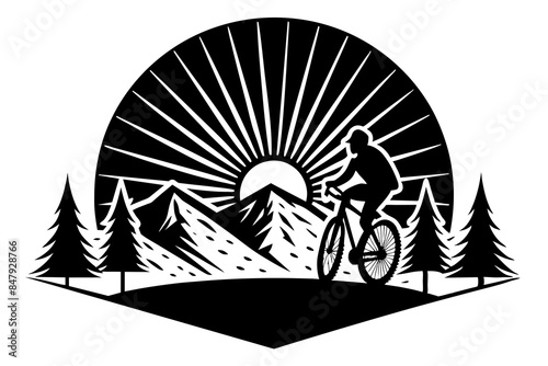 Vector t-shirt design black silhouette hiking bike vintage retro sunshine isolated on white background conceptual art vibrant painting illustration