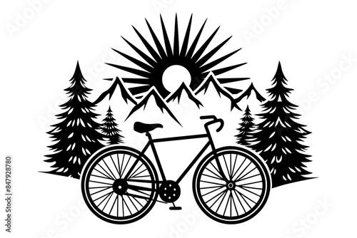 Vector t-shirt design black silhouette hiking bike vintage retro sunshine isolated on white background conceptual art vibrant painting illustration