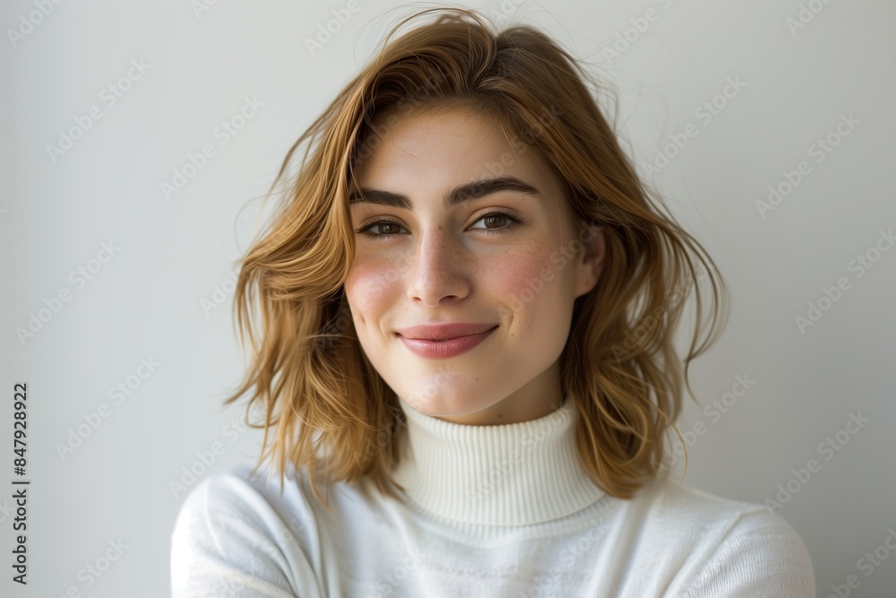 Smiling Young Woman in White Turtleneck Sweater with Light Brown Hair
Smiling Young Woman in White Turtleneck Sweater with Light Brown Hair