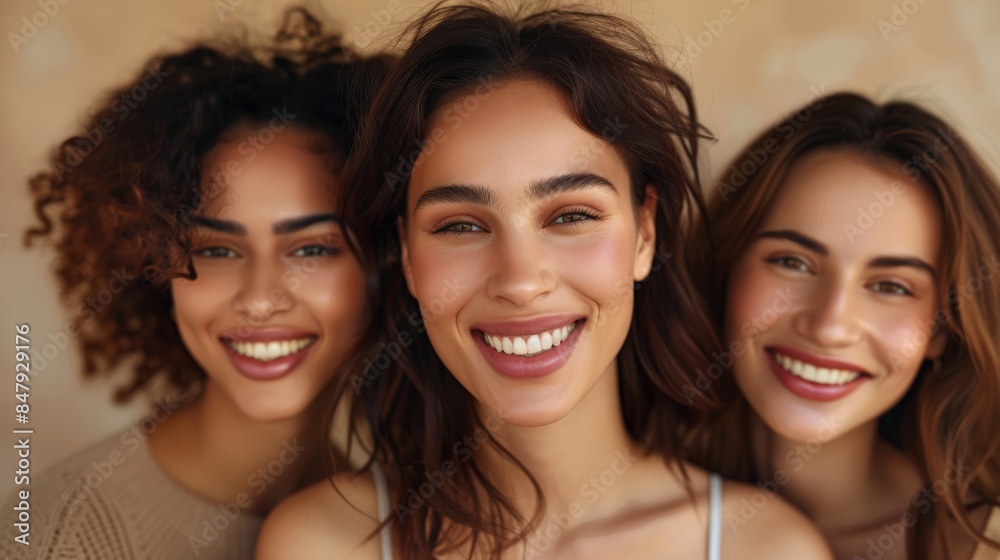 Diversity, beauty and natural with woman friends in studio on a beige background to promote skincare. Portrait, face and smile with a happy female and friend group indoors for luxury cosmetics Diversity, beauty and natural with woman friends in studio on a beige background to promote skincare. Portrait, face and smile with a happy female and friend group indoors for luxury cosmetics