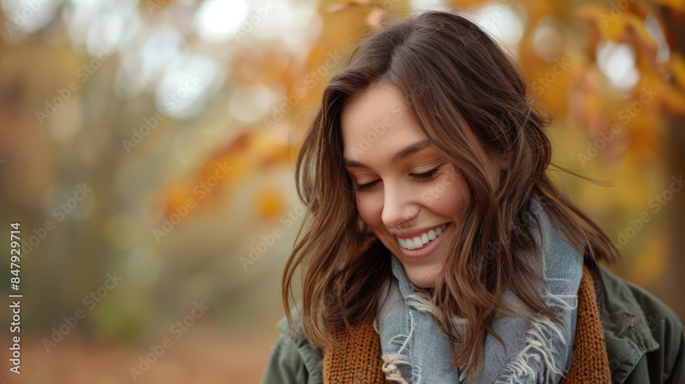 Smiling woman enjoying the autumn outdoors in warm clothing Smiling woman enjoying the autumn outdoors in warm clothing