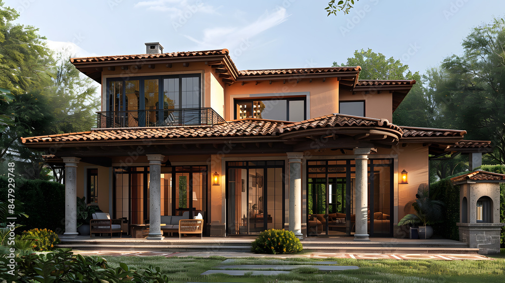 A Tuscan-style house using warm earth tones, terracotta roof tiles, and verandas with columns. Include large windows and doors that open onto patios or gardens. A Tuscan-style house using warm earth tones, terracotta roof tiles, and verandas with columns. Include large windows and doors that open onto patios or gardens.