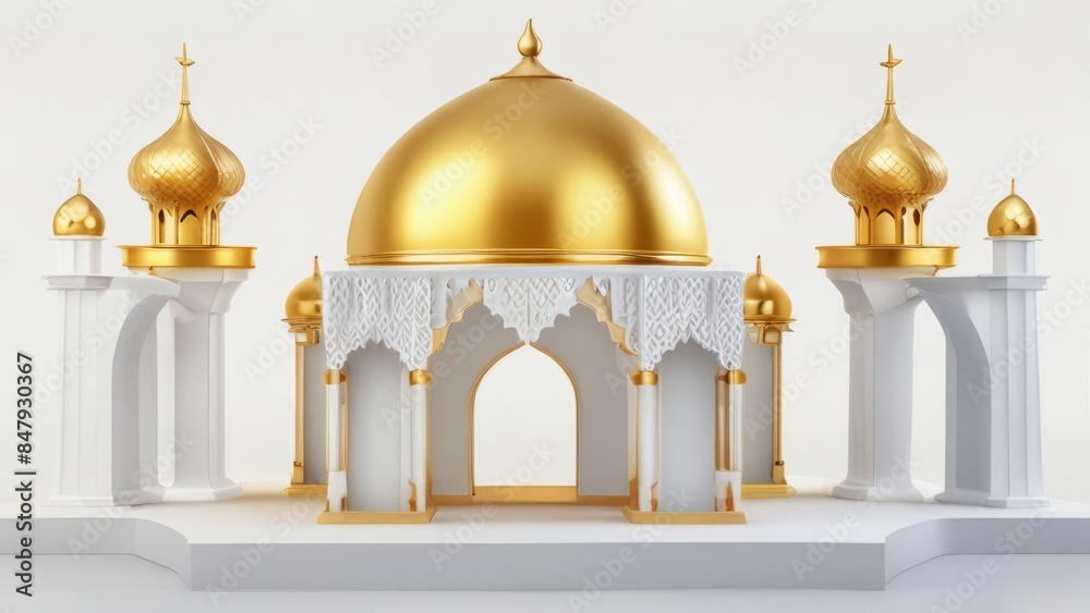 Realistic Islamic product display podium with mosque gate and golden minarets in white background. 3D Islamic illustration for advertising, sales, and online shopping. Bright pedestal design Realistic Islamic product display podium with mosque gate and golden minarets in white background. 3D Islamic illustration for advertising, sales, and online shopping. Bright pedestal design