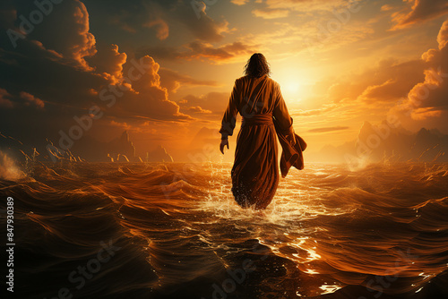 Jesus Christ walking on water on the sea of Galilee generative ai photo