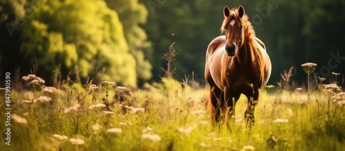 Young horses eating grass in field Horse on a meadow. Creative banner. Copyspace image photo