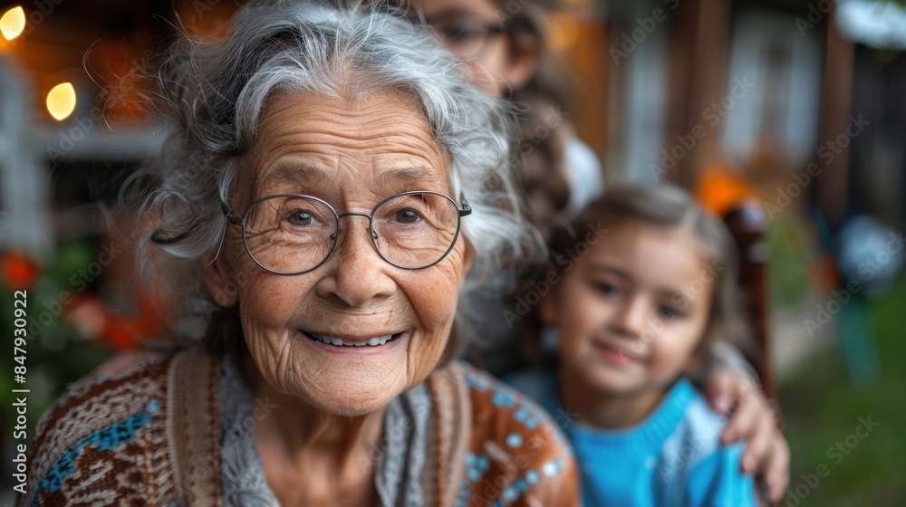 elderly woman in usa with her grandchildren. Happy in the backyard elderly woman in usa with her grandchildren. Happy in the backyard