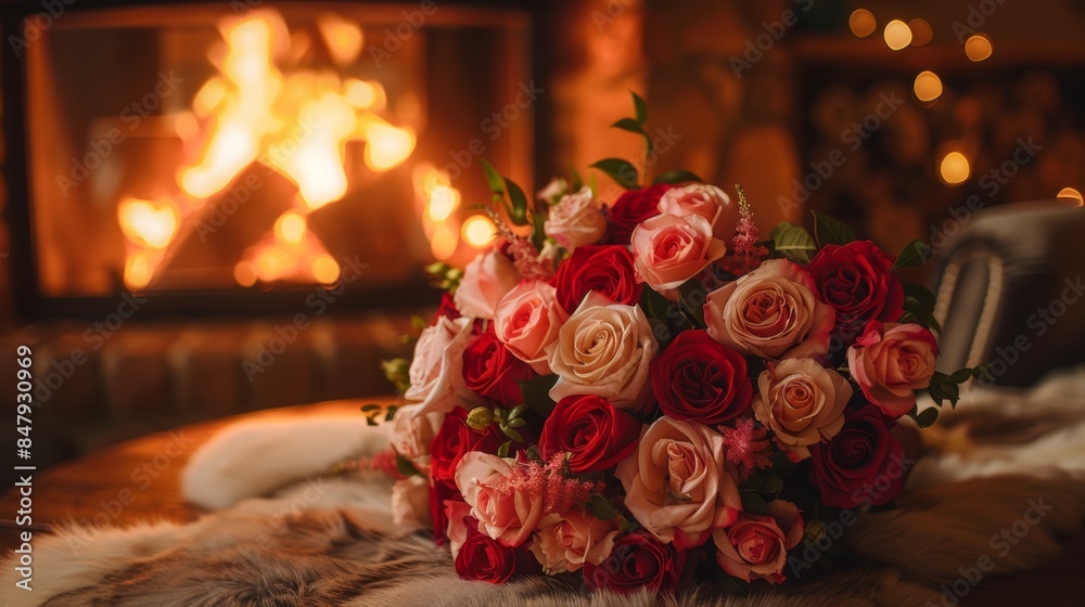 Obraz premium close-up of a luxurious Valentine's Day bouquet laid on an antique wooden coffee table next to a crackling fireplace