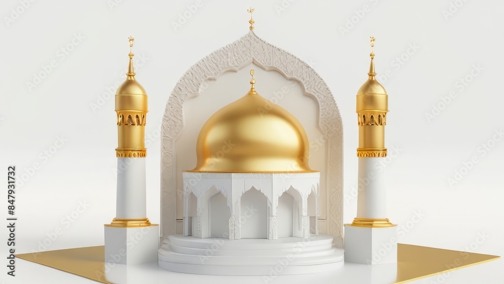Realistic Islamic product display podium with mosque gate and golden minarets in white background. 3D Islamic illustration for advertising, sales, and online shopping. Bright pedestal design