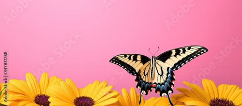 Large Grass Yellow butterfly feeding on a pink flower. Creative banner. Copyspace image photo