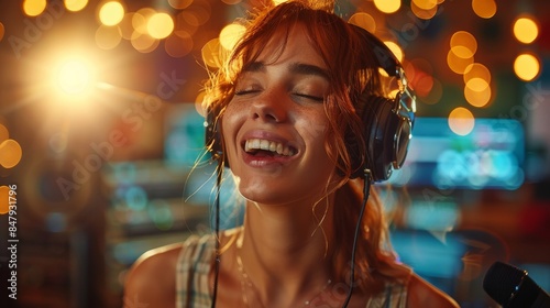 Young female singer with headphones singing in recording studio