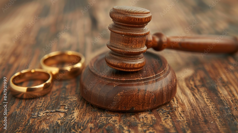 Judge's gavel is sitting on sound block near two golden wedding rings on wooden table Judge's gavel is sitting on sound block near two golden wedding rings on wooden table