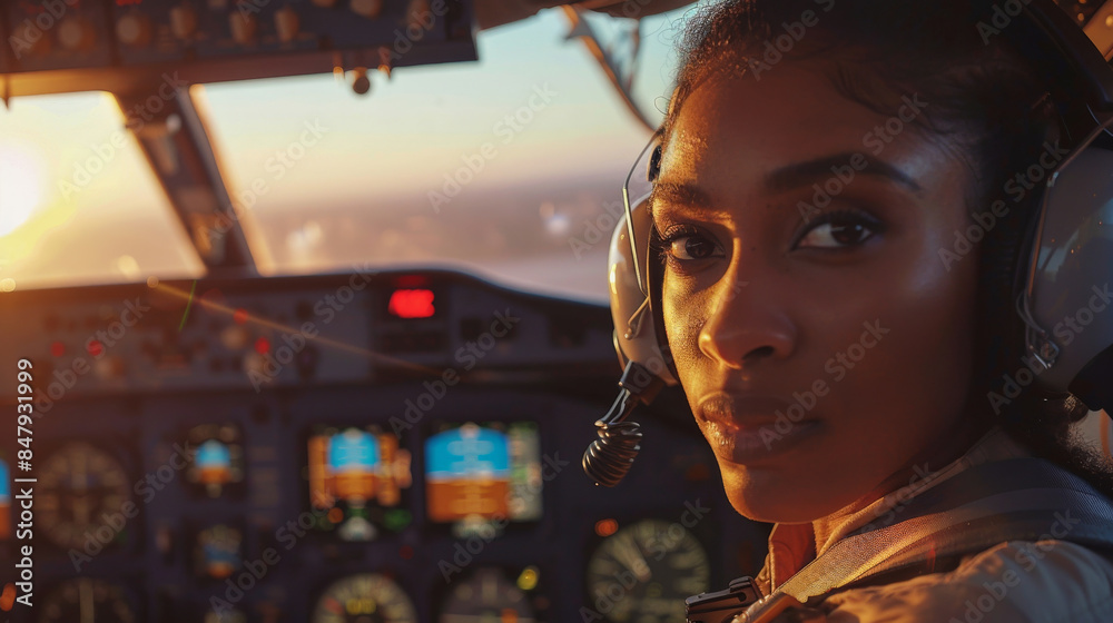 A woman piloting a plane with a headset on A woman piloting a plane with a headset on