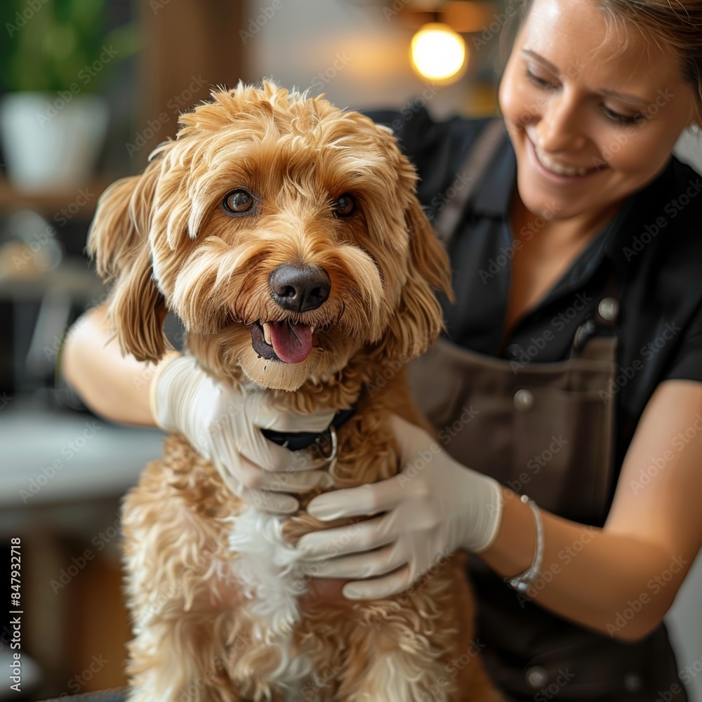 dog groomer trimming a dog, happy, positive dog groomer trimming a dog, happy, positive