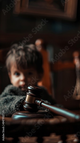 Child looking at gavel on wooden desk in law office setting