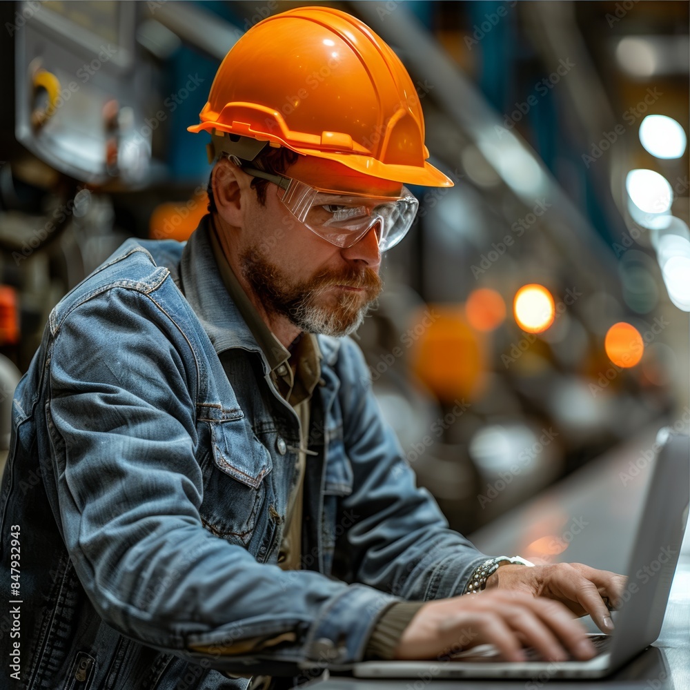 Factory setting in background, Male on a laptop with orange hard hat 