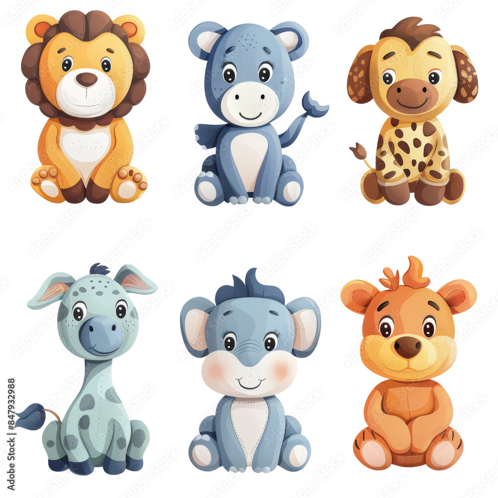 Obraz premium Cute cartoon animal illustrations of a lion, giraffe, hippo, and monkey. Perfect for children's books, greeting cards, and more.