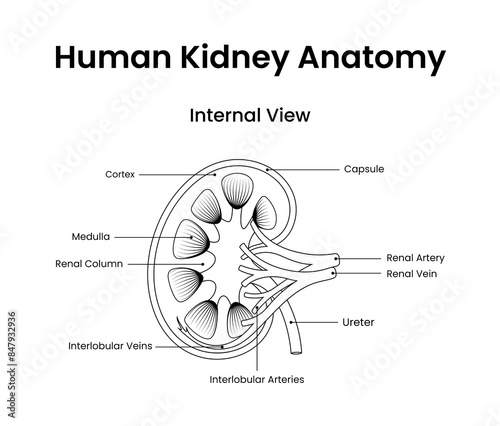 Human kidney anatomy internal view in line style