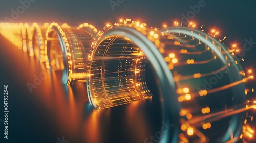 An abstract visualization of encrypted data flowing through a secure tunnel, represented by a series of glowing gates and barriers.