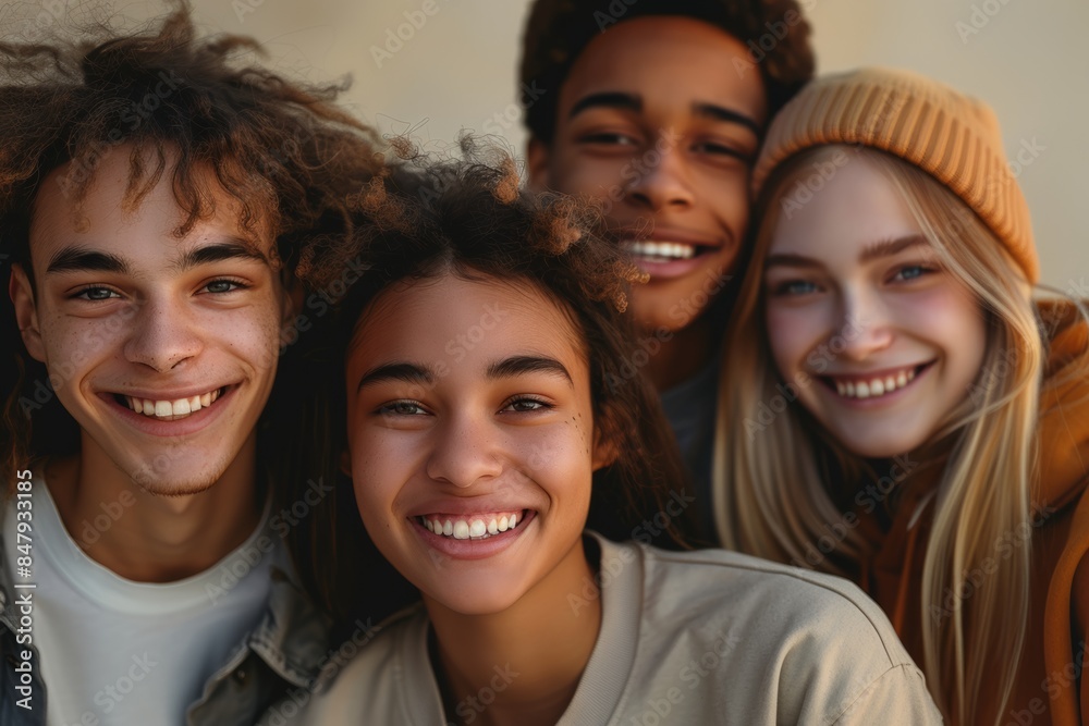 a group of young american adults smiling, happy, looking at the camera, background is a beige gradient a group of young american adults smiling, happy, looking at the camera, background is a beige gradient
