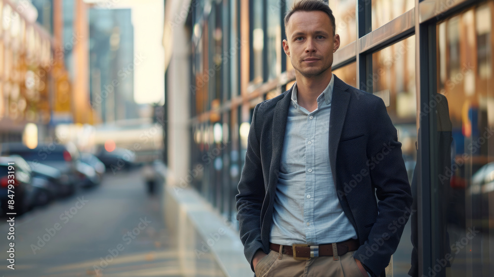 Stylish businessman with hands in pockets on urban street Stylish businessman with hands in pockets on urban street