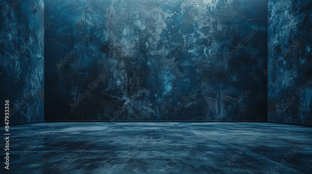 A minimalist Empty Dark Blue Studio with a Grey Concrete Floor, enhanced by blue soft light, ideal for product displays and text presentations on a sleek, spacious black cement backdrop. A minimalist Empty Dark Blue Studio with a Grey Concrete Floor, enhanced by blue soft light, ideal for product displays and text presentations on a sleek, spacious black cement backdrop.