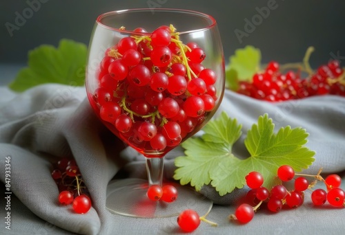 A close-up of red currants in a wine glass on a gray background