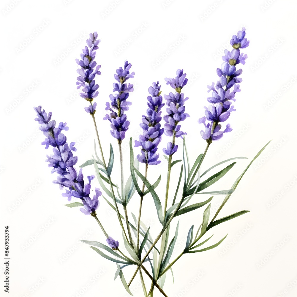 Fototapeta premium Watercolor Painting of Lavender Sprig on White Background