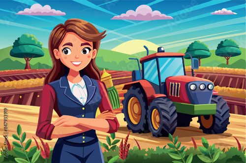 A scene on a farm: a girl manager stands in front of a field, and a tractor can be seen behind him among plowed fields with crops on either side. Hills and clear sky can be seen in the distant backgro