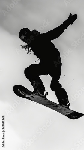 Snowboarder jumping with snowboard in silhouette
