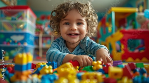  child picking up blocks and placing them in a toy chest, a bright and cheerful room filled with educational toys, a sense of accomplishment and joy in the child's actions