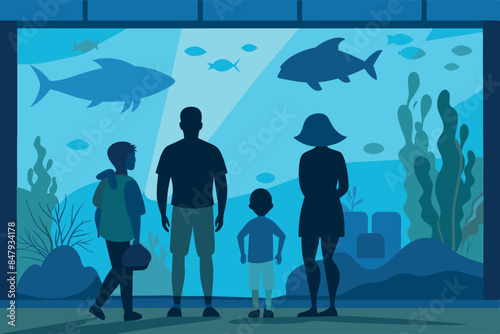 a family standing in front of a large aquarium. They observe the diverse marine life that is represented in the aquarium. the theme conveys the excitement of learning about marine biology