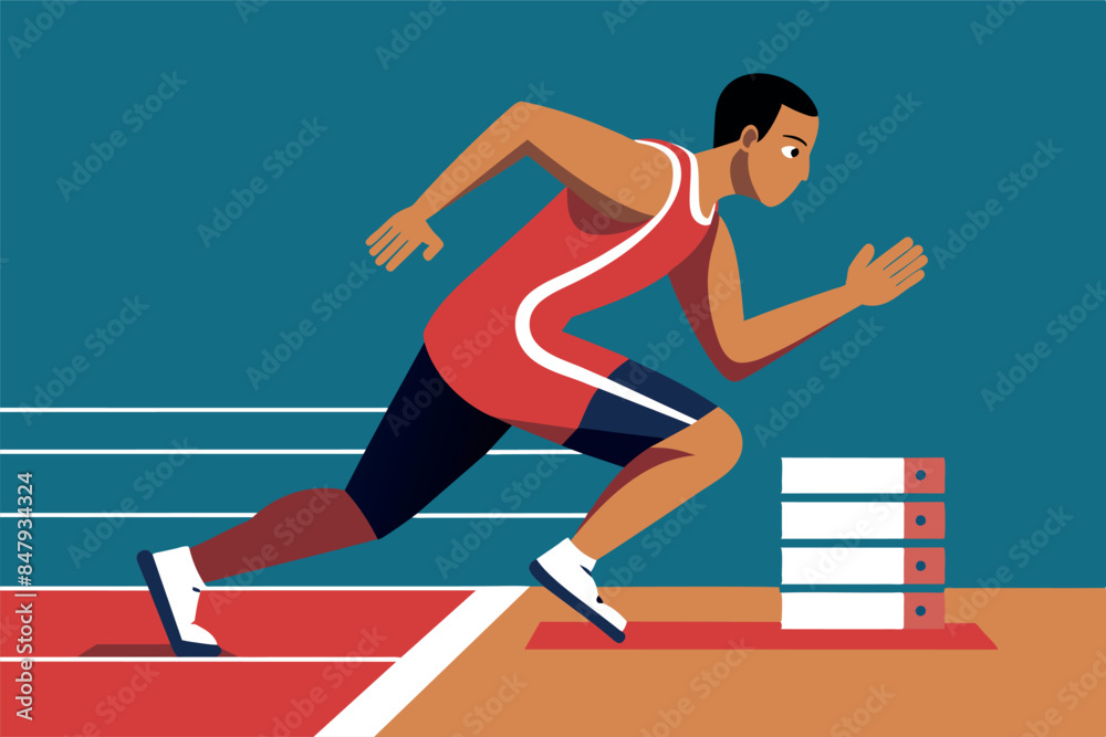 Obraz premium the moment before the start of a sprint race. The athlete is on the starting blocks and preparing for the sprint. He is standing in a low starting position with one hand resting on the ground,