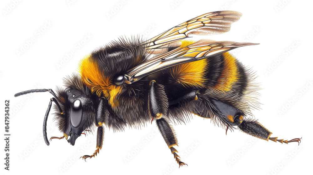 Close-up of a bumblebee with black, yellow and brown stripes. The bee is in focus and its wings are spread. Close-up of a bumblebee with black, yellow and brown stripes. The bee is in focus and its wings are spread.
