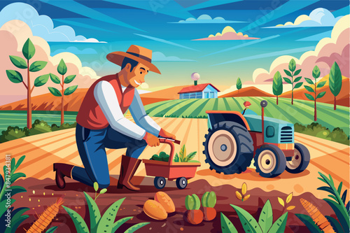 a farmer working in the field. He wears a hat, overalls and boots, is kneeling and planting or tending crops.