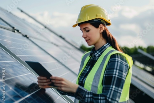 An engineer is checking the operation of a solar panel system at a solar station with a tablet.